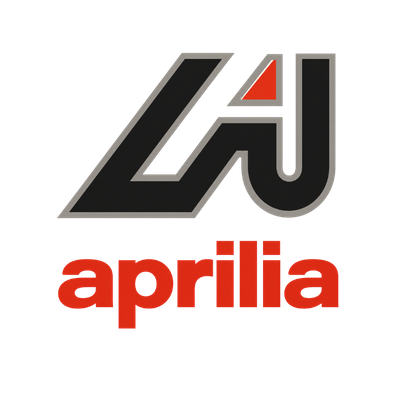 1975 Aprilia logo: angular charcoal A monogram with a grey keyline and a red triangle in the notch, above a lowercase red aprilia wordmark