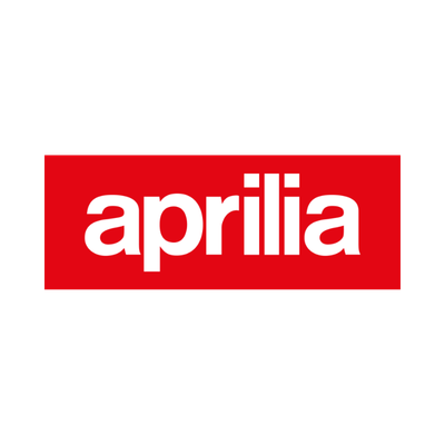 Current Aprilia logo: lowercase white aprilia wordmark with square dots on the i's, reversed out of a solid red rectangle
