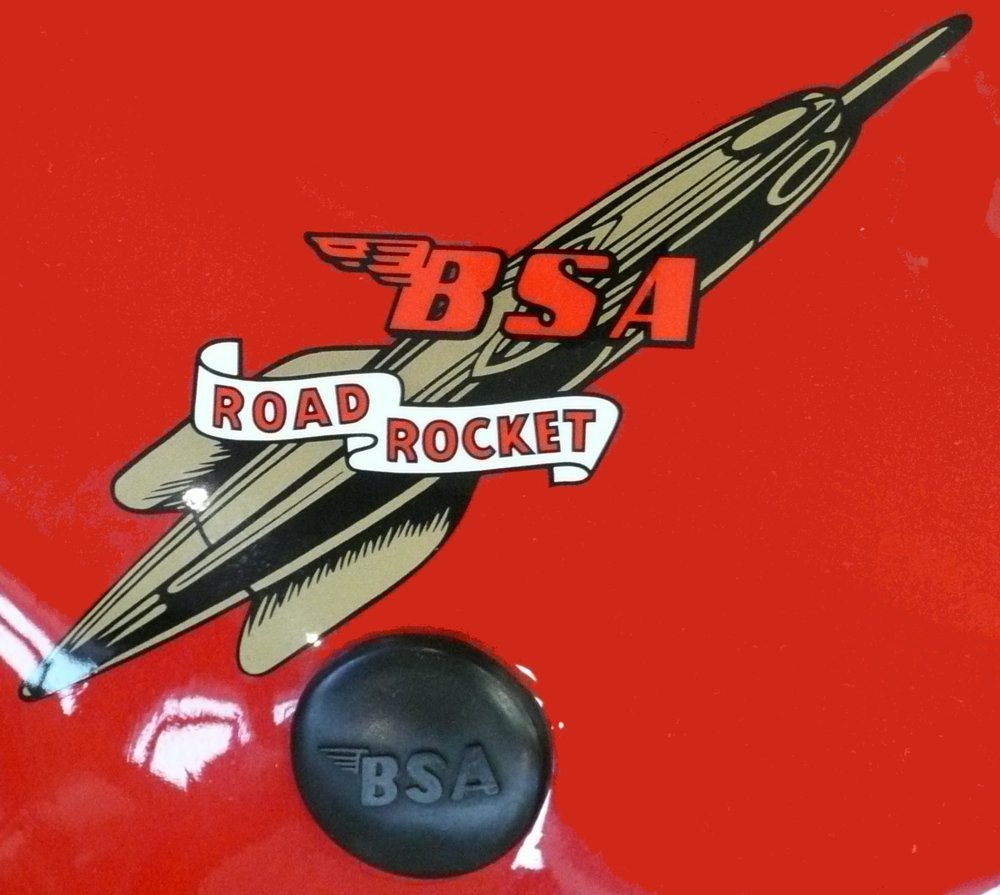 BSA A10 Road Rocket tank transfer: a silver rocket carrying a red winged BSA and a Road Rocket scroll