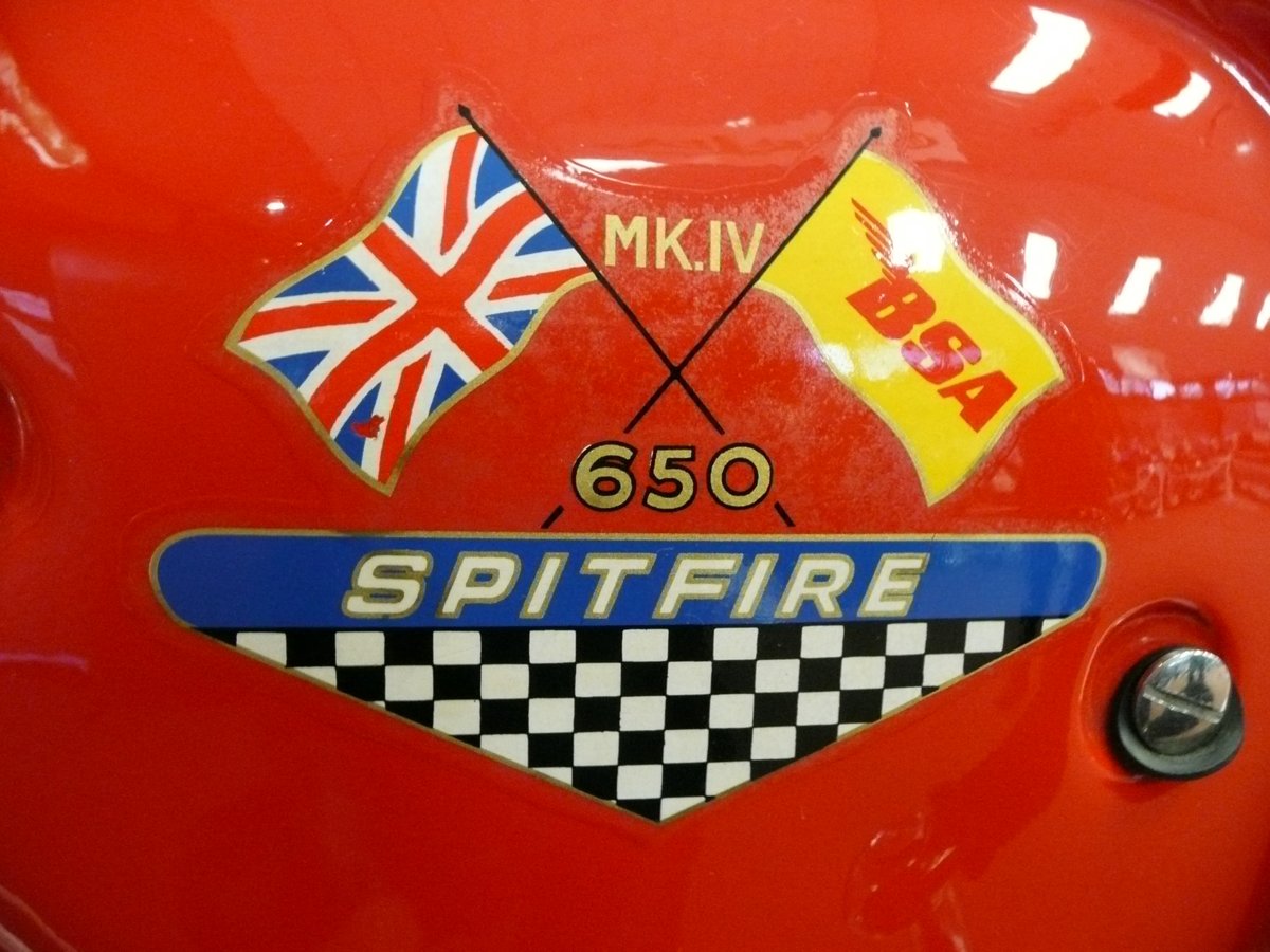 BSA A65 Spitfire Mk IV tank decal: crossed Union and BSA flags over a blue Spitfire panel with a chequered border