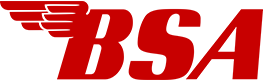 The 2021 BSA logo: flat red italic BSA letters with a three-feather wing on the B