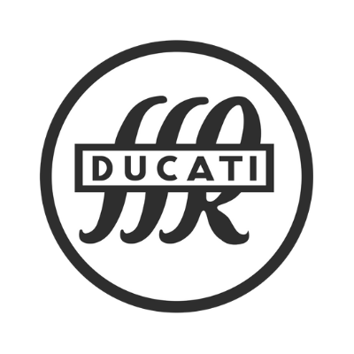 1935 Ducati logo: the cursive SSR roundel fronted by the DUCATI wordmark