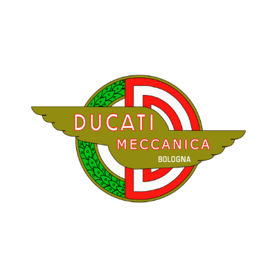 1950s Ducati logo: the laurel-wreath roundel with a stylised D and a winged DUCATI MECCANICA BOLOGNA banner