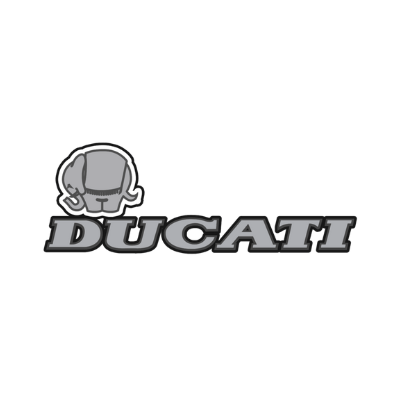 1985 Ducati logo: the Giugiaro wordmark joined by the small grey Cagiva elephant