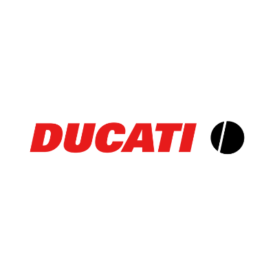 1997 Ducati logo: Massimo Vignelli's red Univers Italic wordmark with the abstract 'coffee bean' D