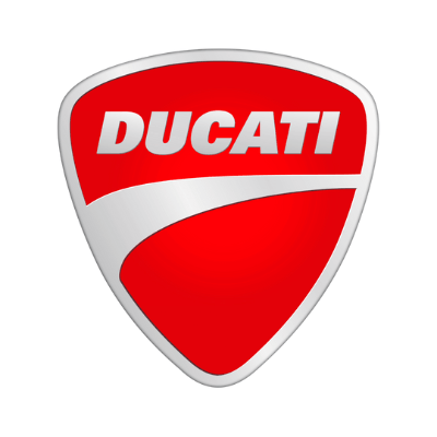 2009 Ducati logo: the red plectrum-shaped shield with the DUCATI wordmark and a sweeping white curve