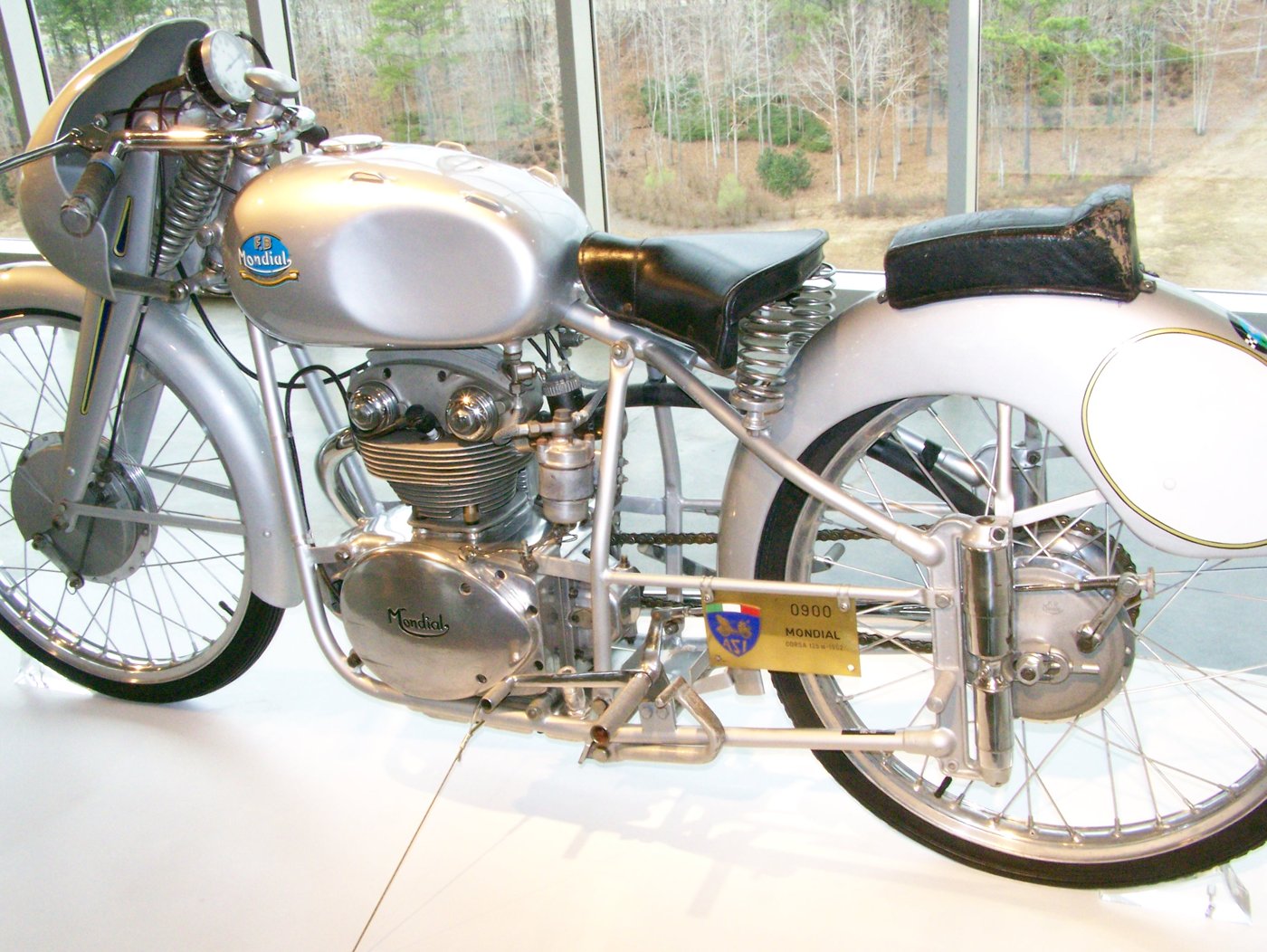 1952 FB Mondial 125 Monoalbero production racer in silver at the Barber Vintage Motorsports Museum