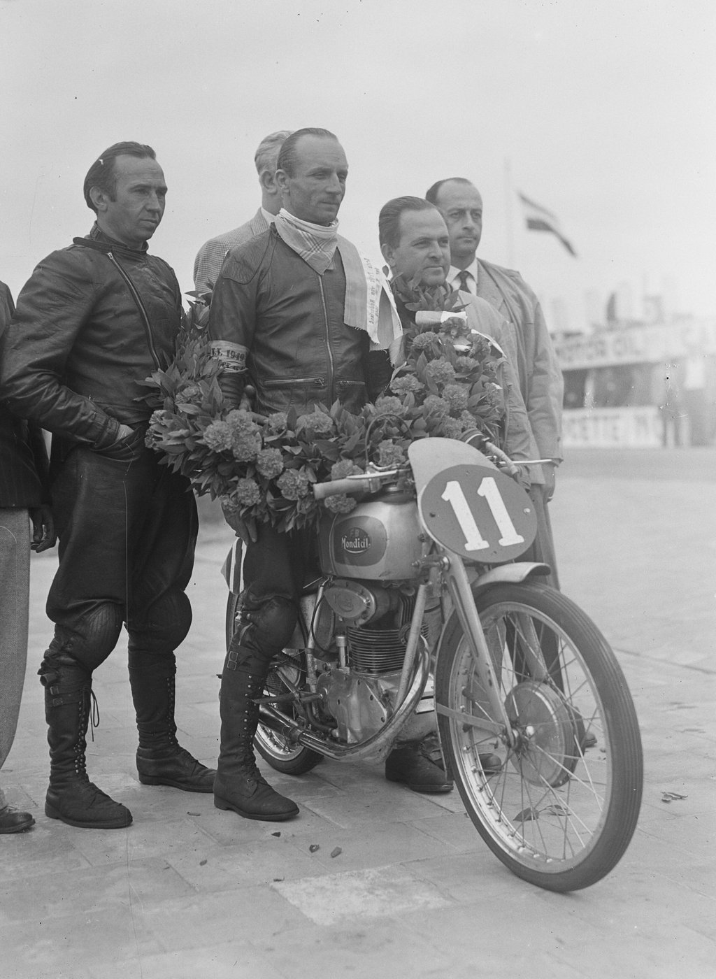 Nello Pagani, winner of the 125cc class on a Mondial, at the Dutch TT in Assen, 1949