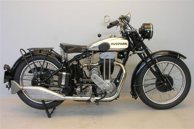 1931 Husqvarna 50TVA with a JAP engine and a chrome tank lettered HUSQVARNA on a light panel