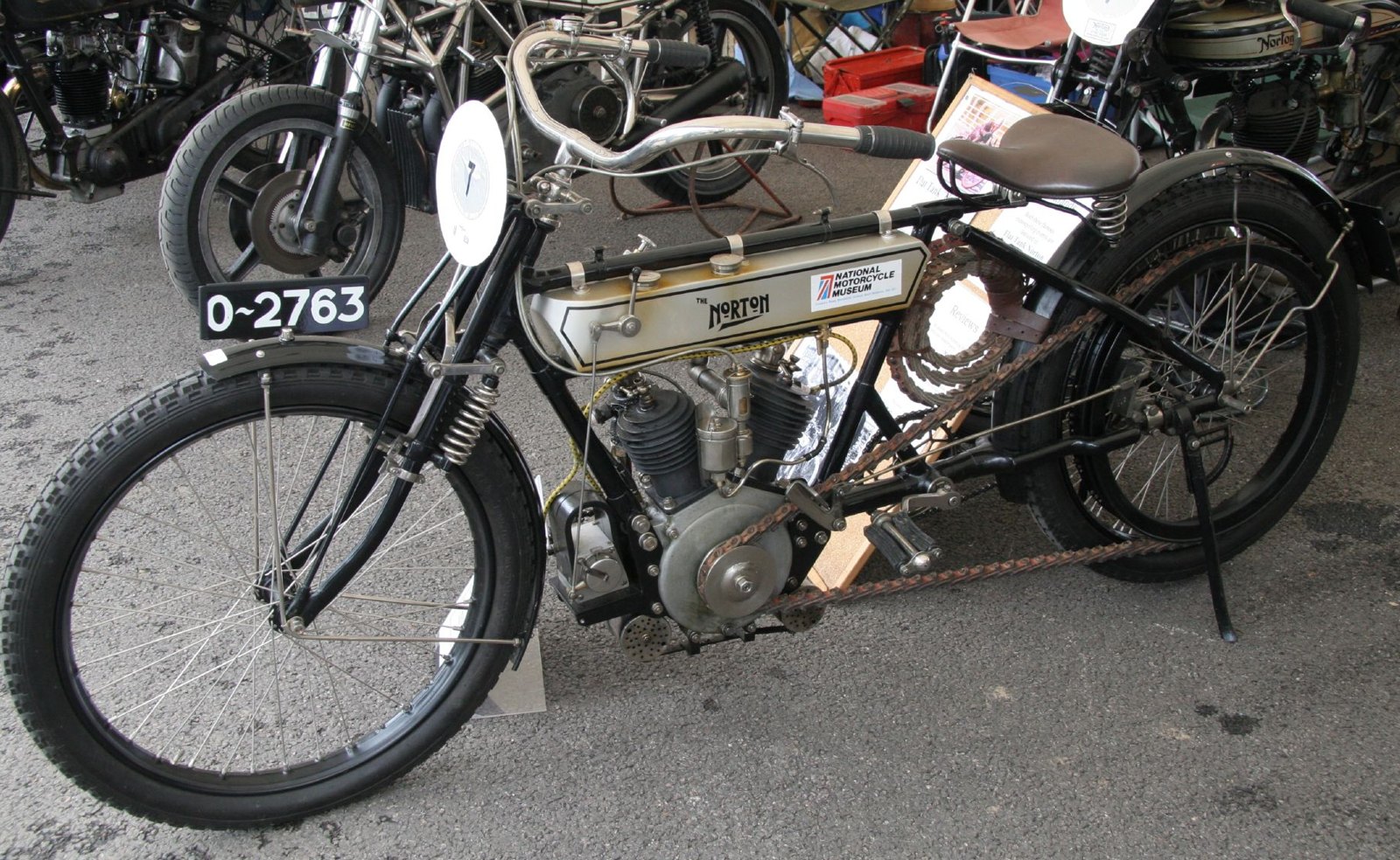 The restored 1907 TT-winning Norton twin, registration O-2763, with THE NORTON lettered on its silver tank