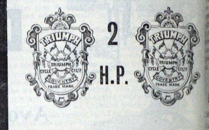 Two ornate Triumph shields either side of the words 2 H.P., each with crossed flags, a TRIUMPH roundel, CYCLE Co LTD, COVENTRY and TRADE MARK
