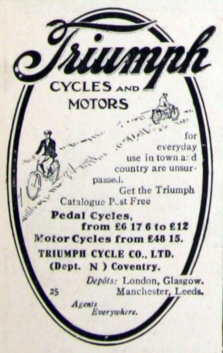 Oval Triumph advert with a large flowing script Triumph above the words CYCLES AND MOTORS, with drawings of a cyclist and a motorcyclist
