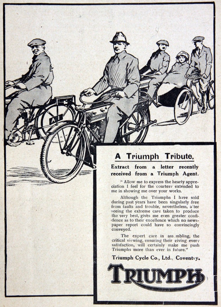 1913 Triumph advert showing riders on Triumph motorcycles, a testimonial headed A Triumph Tribute, and a large outlined TRIUMPH wordmark with the R's tail sweeping under the letters to the H