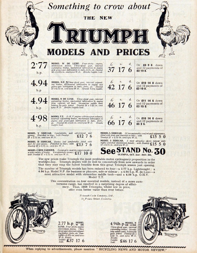 1927 Triumph advert headed Something to crow about, with two cockerels, a large TRIUMPH wordmark, a price list and two drawn motorcycles with TRIUMPH on the tank