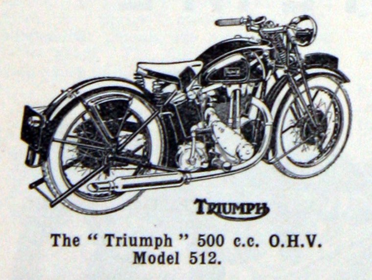 Line drawing of the Triumph 500cc OHV Model 512 above a small TRIUMPH swash wordmark