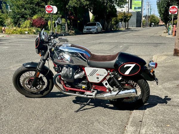 2014 Moto Guzzi V7 Racer with the number 7 on the side, parked roadside