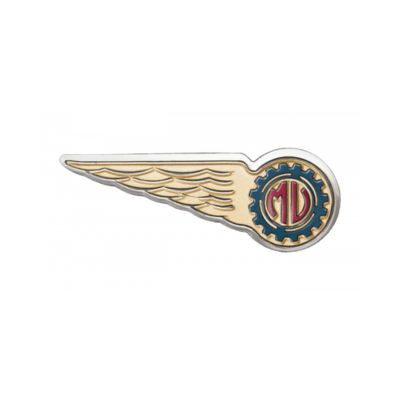 Early MV Agusta winged badge: a long gold feathered wing ending in a blue cog, with a red rounded MV monogram inside a white ring