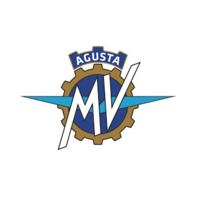 The classic MV Agusta crest: AGUSTA in white on a blue banner above a gold cog with a dark blue centre, crossed by pale blue arrow wings and large white italic MV letters