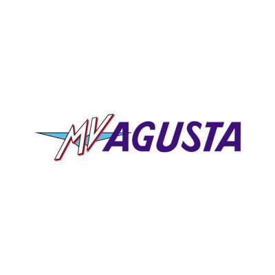 The MV AGUSTA wordmark: italic white MV letters outlined in red on a pale blue arrow, followed by AGUSTA in heavy blue italic capitals