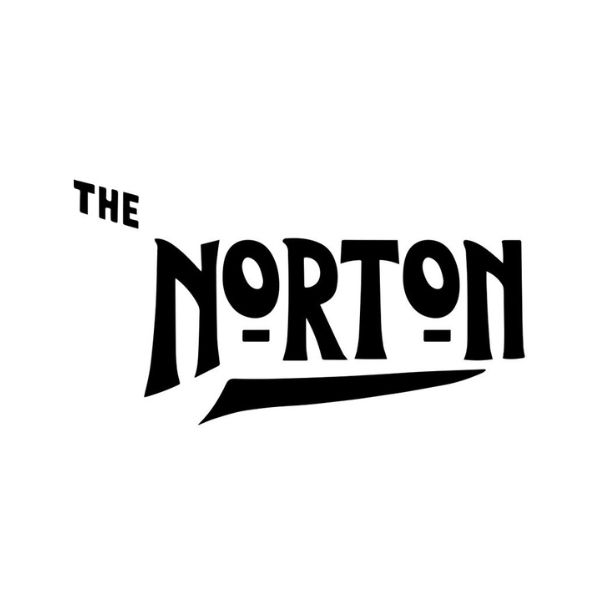 Early Norton wordmark: a small THE above NORTON in tall condensed Art Nouveau capitals with small raised O's and a swash underline