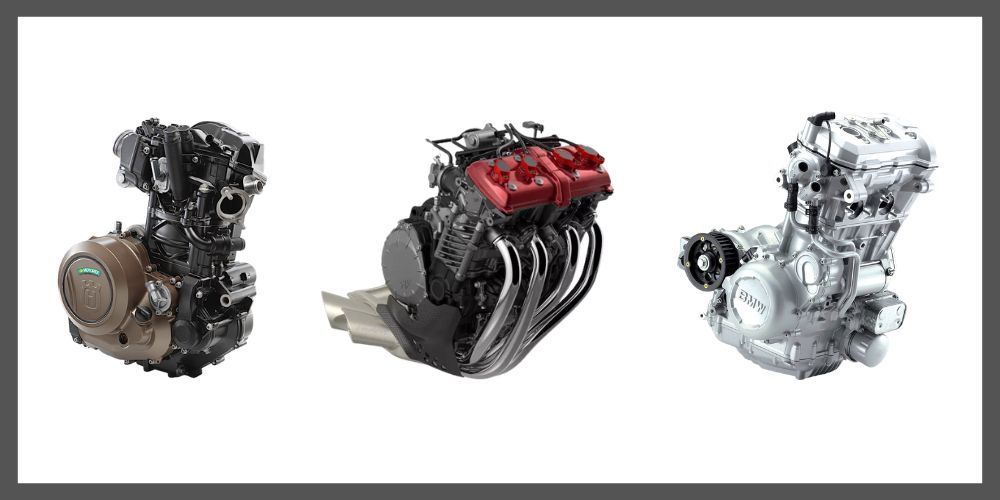 Three motorcycle engines, one dark gray, one with red accents, and one silver, displayed against a white background.